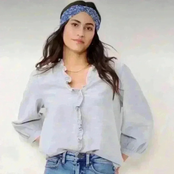 Lauren Conrad Blue and White Ruffle Blouse with 3/4 sleeves size Small - Picture 1 of 5